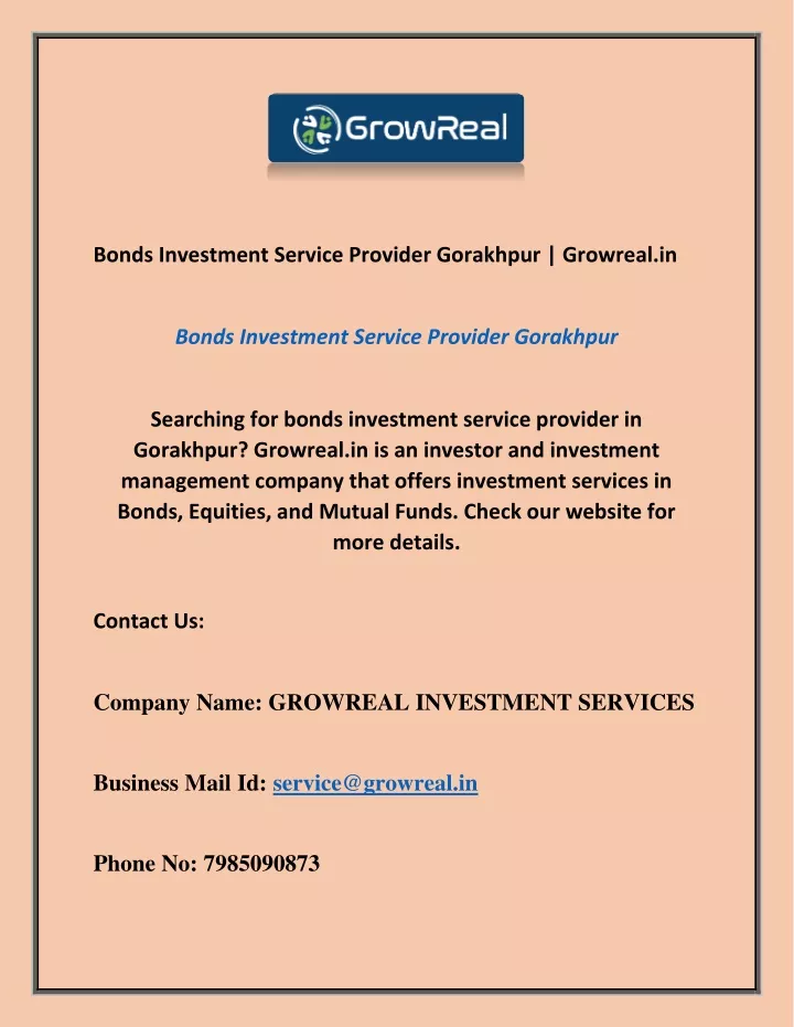 bonds investment service provider gorakhpur