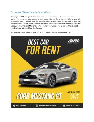 Ford Mustang GT Rental Car - AKFA Car Rental Dubai