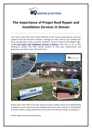 The Importance of Proper Roof Repair and Installation Services in Denver