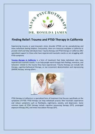 Finding Relief Trauma and PTSD Therapy in California