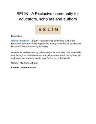 SELIN _ A Exclusive community for educators, scholars and authors