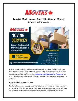 Moving Made Simple: Expert Residential Moving Services in Vancouver