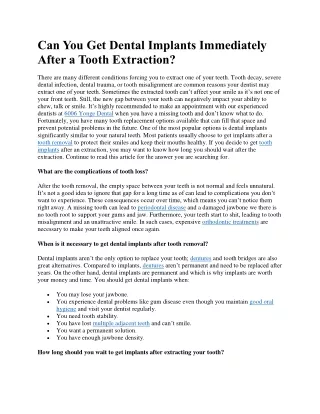 Can You Get Dental Implants Immediately After a Tooth Extraction