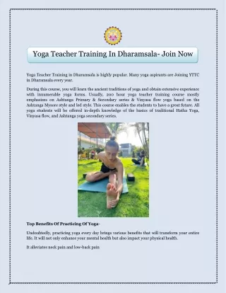 Yoga Teacher Training In Dharamsala- Join Now