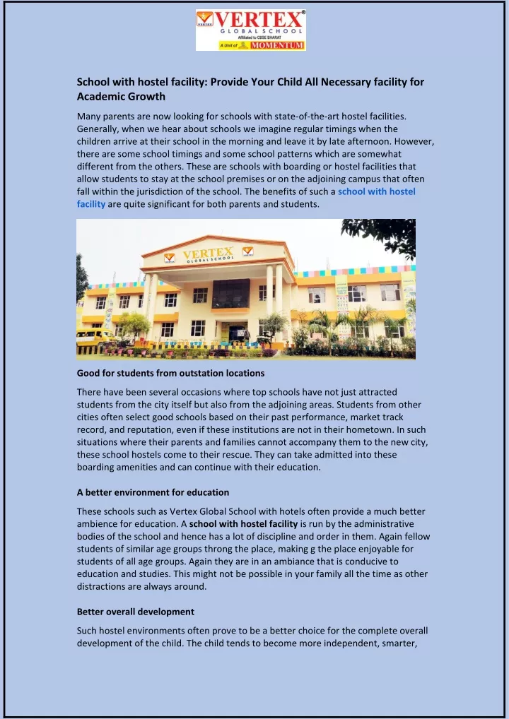 school with hostel facility provide your child