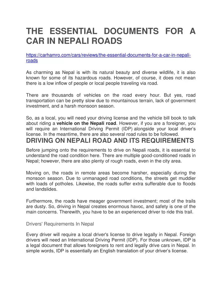 the essential documents for a car in nepali roads