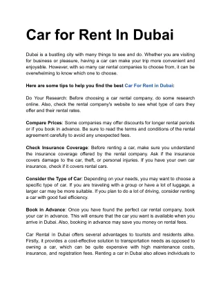 Car for Rent In Dubai