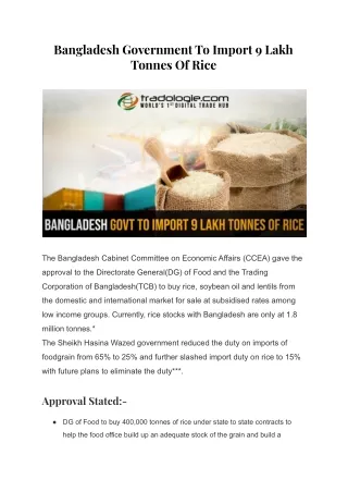 Bangladesh Government To Import 9 Lakh Tonnes Of Rice