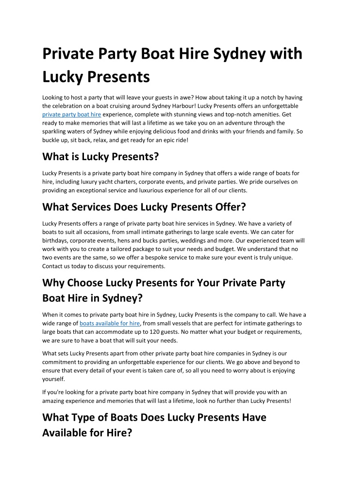 private party boat hire sydney with lucky presents