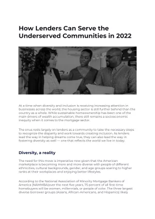 How Lenders Can Serve the Underserved Communities in 2022