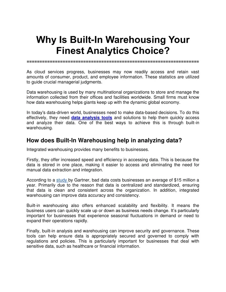 why is built in warehousing your finest analytics