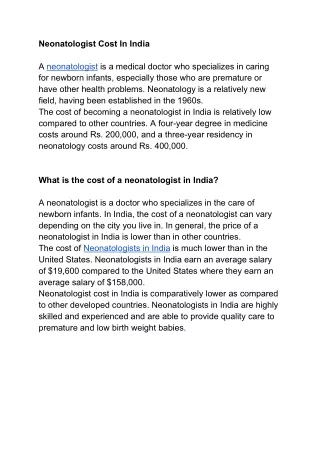 Neonatologist Cost In India