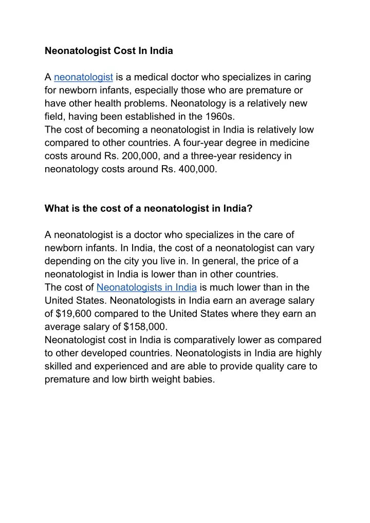 neonatologist cost in india