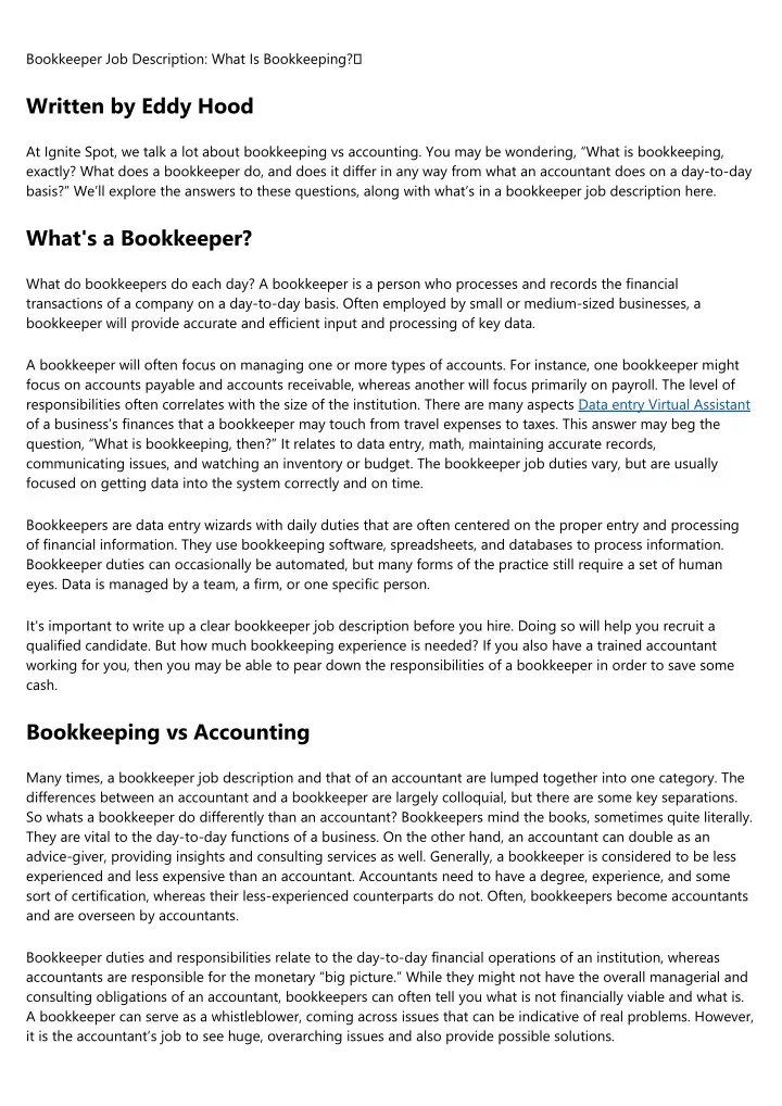 bookkeeper job description what is bookkeeping