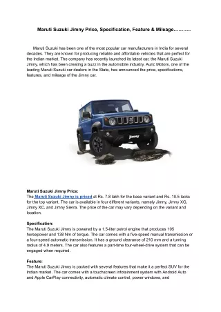Maruti Suzuki Jimny Price, Specification, Feature & Mileage………..