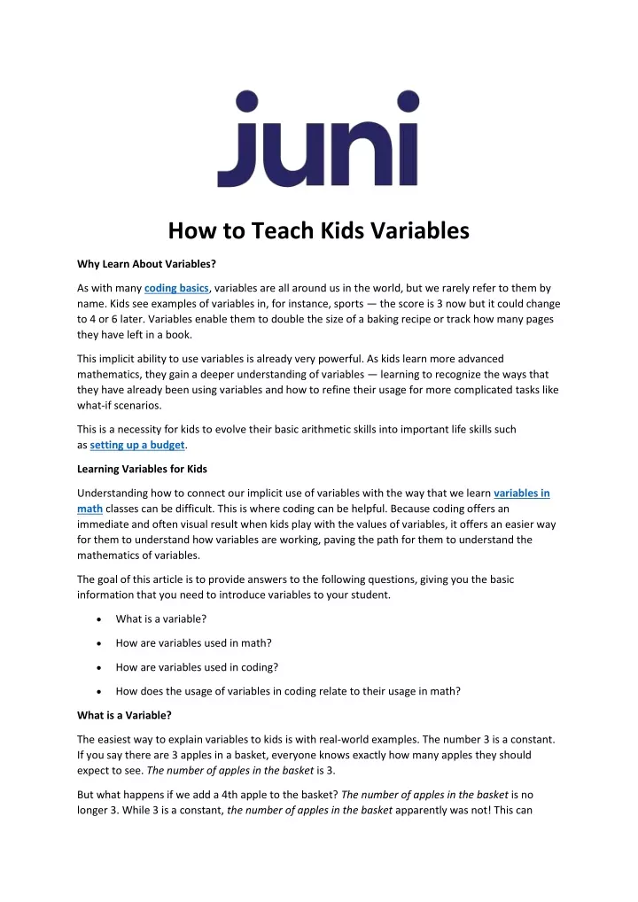 how to teach kids variables