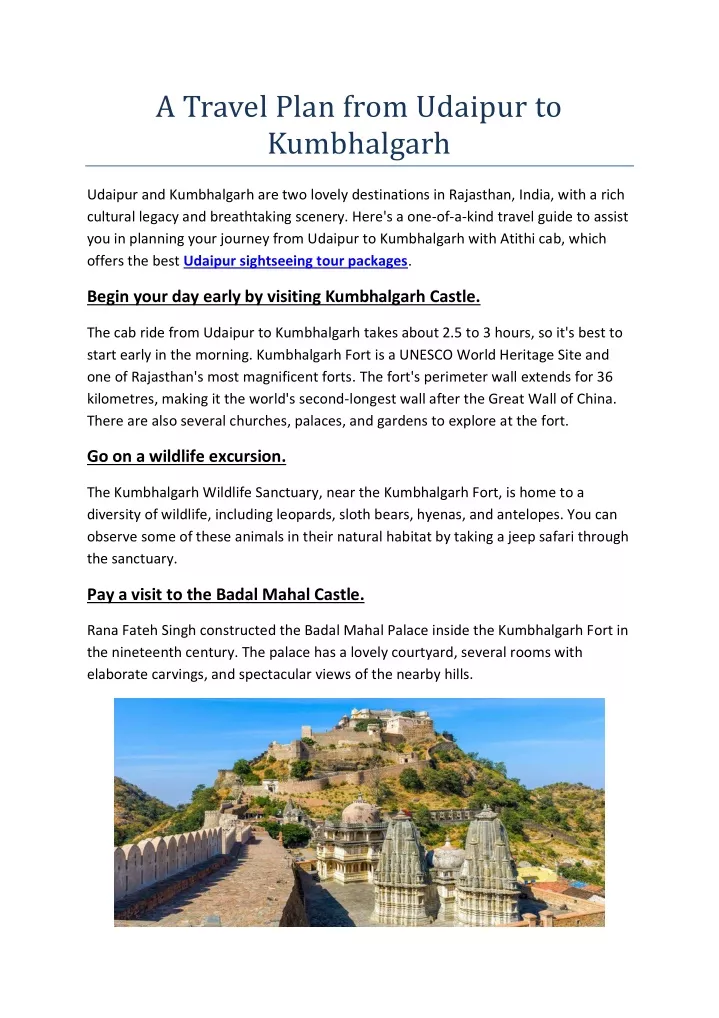 a travel plan from udaipur to kumbhalgarh