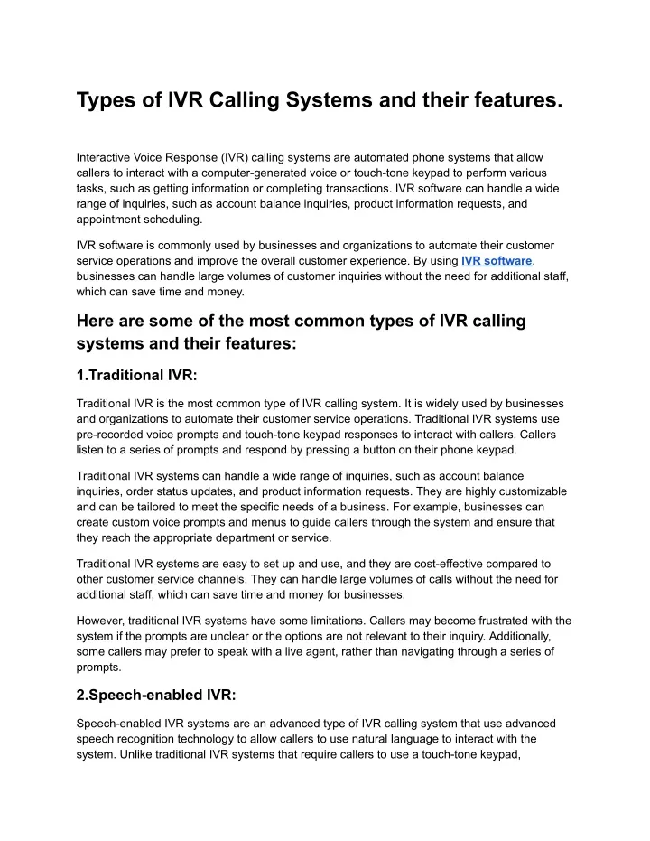 types of ivr calling systems and their features
