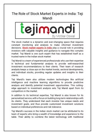 The Role of Stock Market Experts in India Teji Mandi
