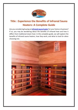 Experience the Benefits of Infrared Sauna  Heaters: A Complete Guide