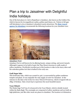 Plan a trip to Jaisalmer with Delightful India holidays