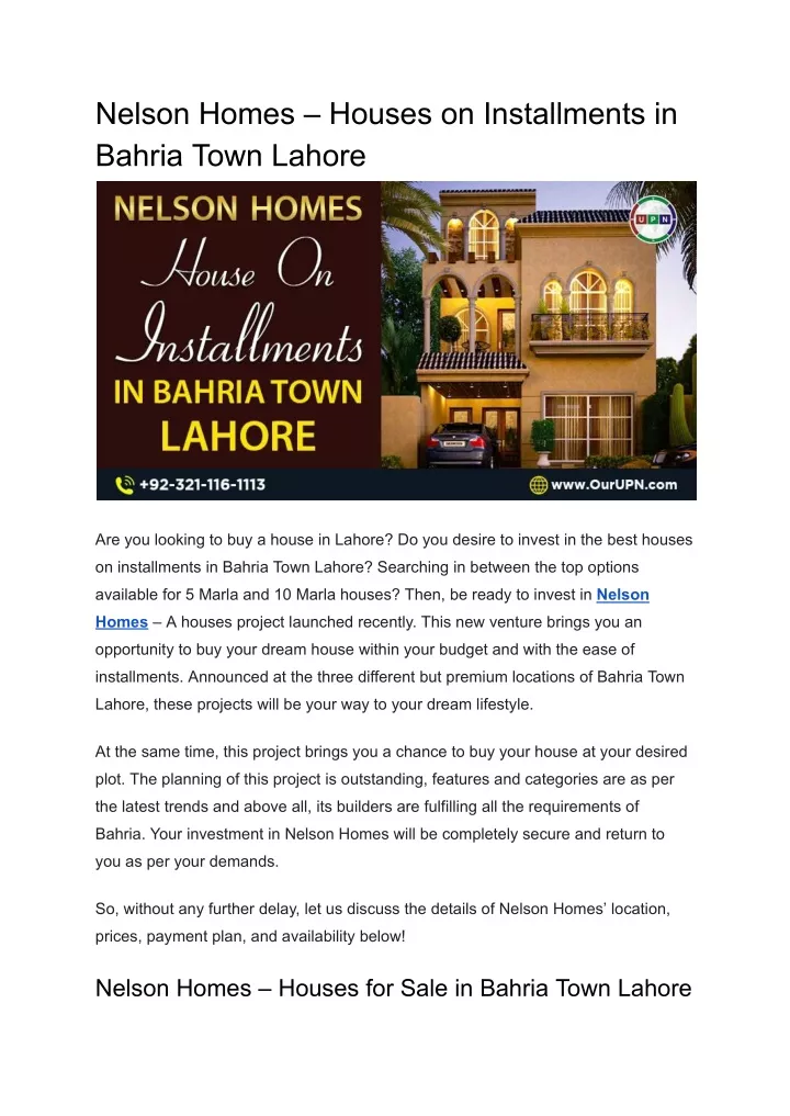 nelson homes houses on installments in bahria