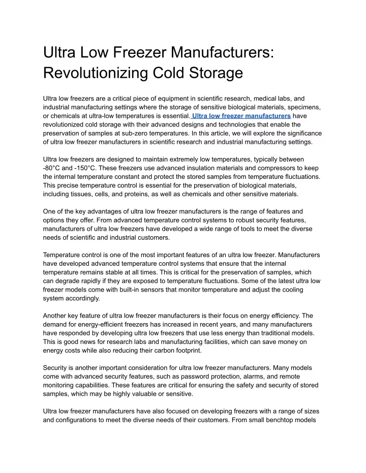 ultra low freezer manufacturers revolutionizing