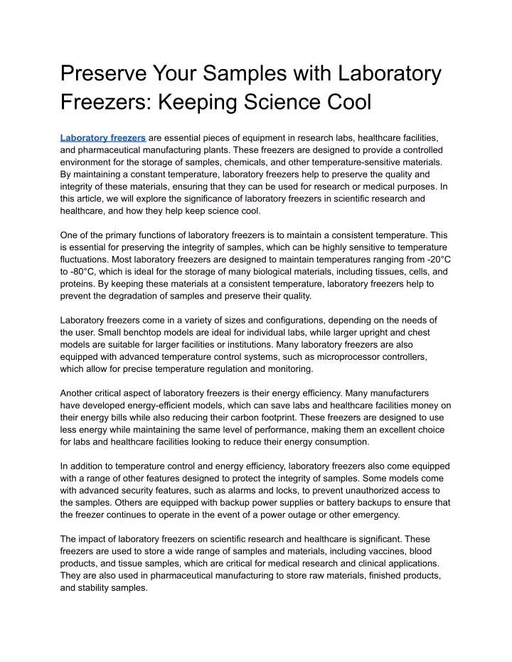 preserve your samples with laboratory freezers