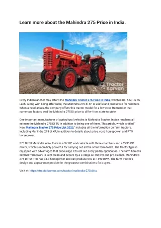 learn more about the mahindra 275 price in india
