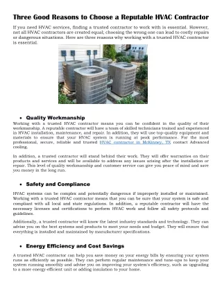 Three Good Reasons to Choose a Reputable HVAC Contractor