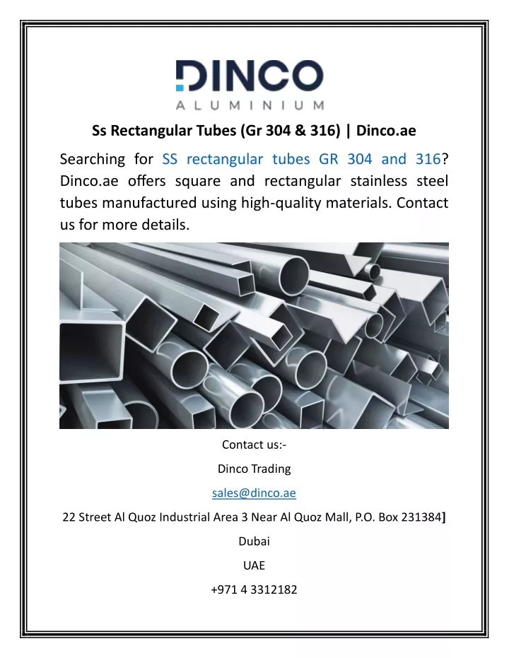 ss rectangular tubes gr 304 316 dinco ae