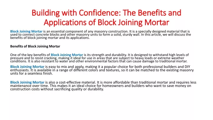building with confidence the benefits and applications of block joining mortar