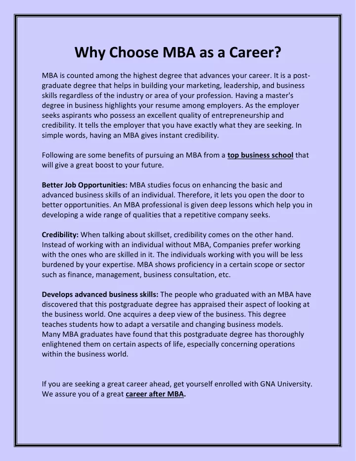 why choose mba as a career