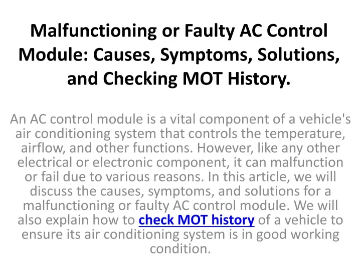 malfunctioning or faulty ac control module causes symptoms solutions and checking mot history