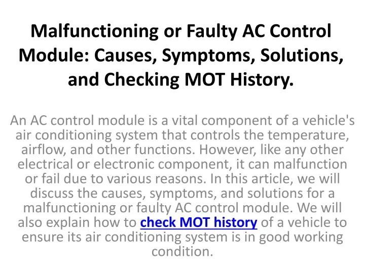 PPT Malfunctioning or Faulty AC Control Module Causes, Symptoms