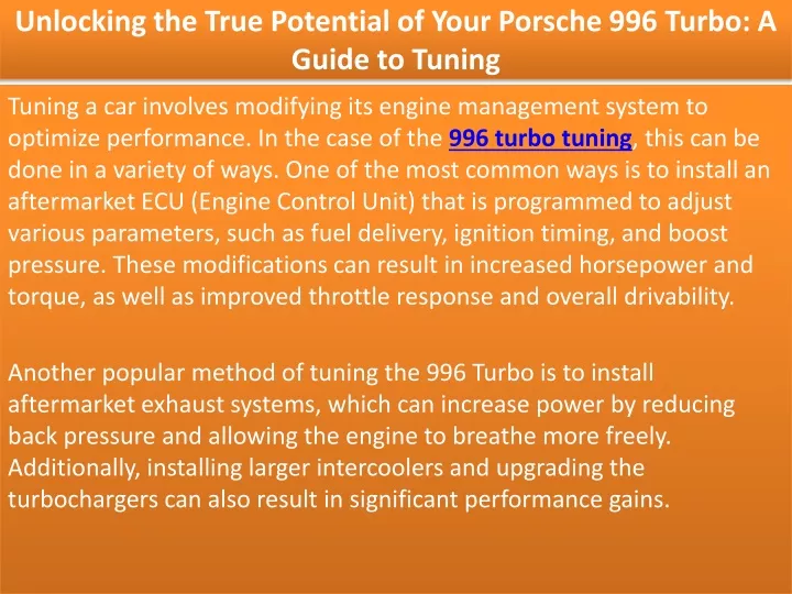 unlocking the true potential of your porsche 996 turbo a guide to tuning