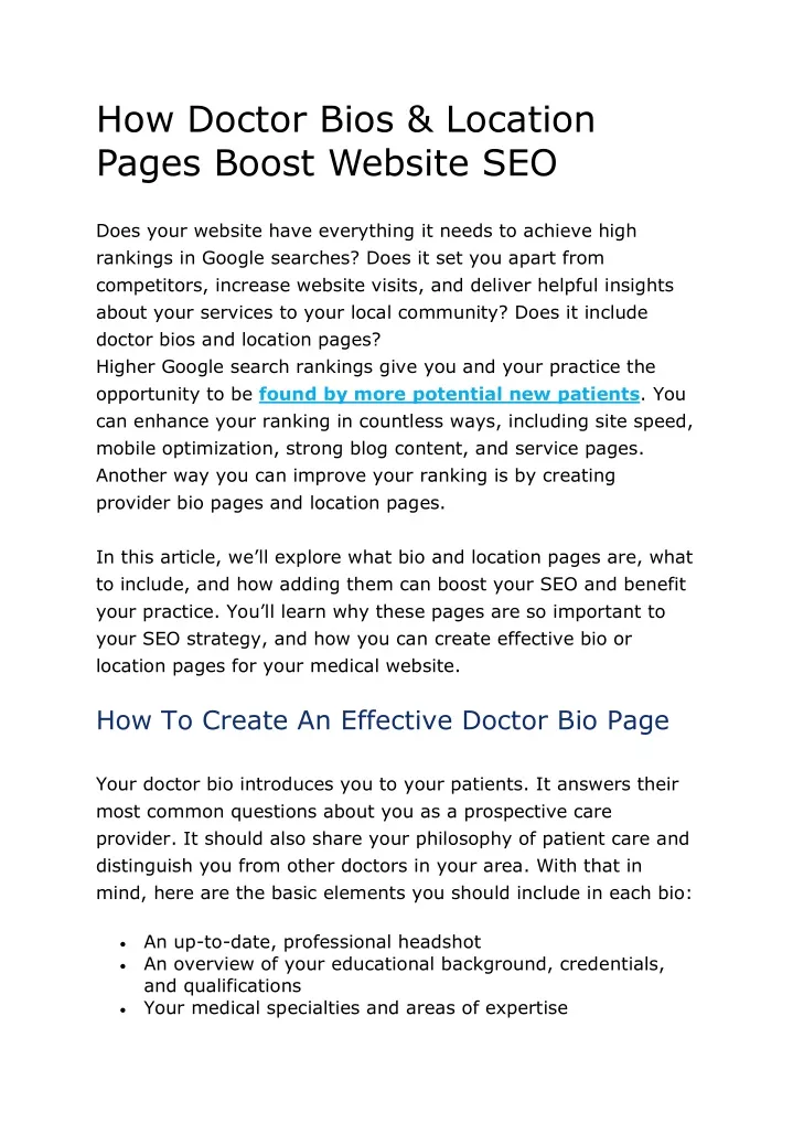 how doctor bios location pages boost website seo