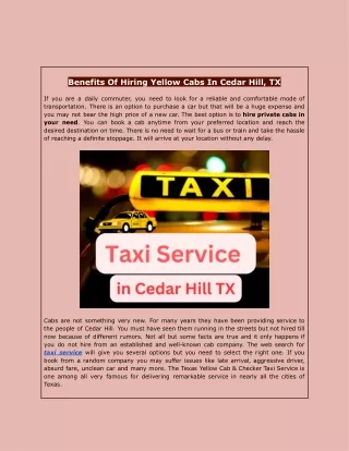 Benefits Of Hiring Yellow Cabs In Cedar Hill, TX