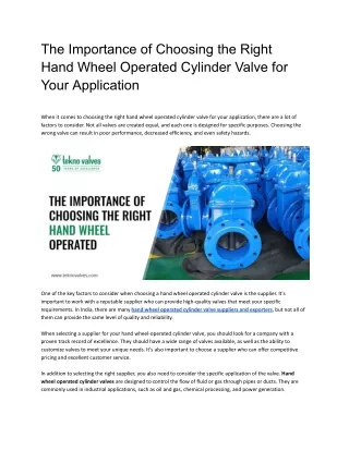 The Importance of Choosing the Right Hand Wheel Operated Cylinder Valve for Your Application