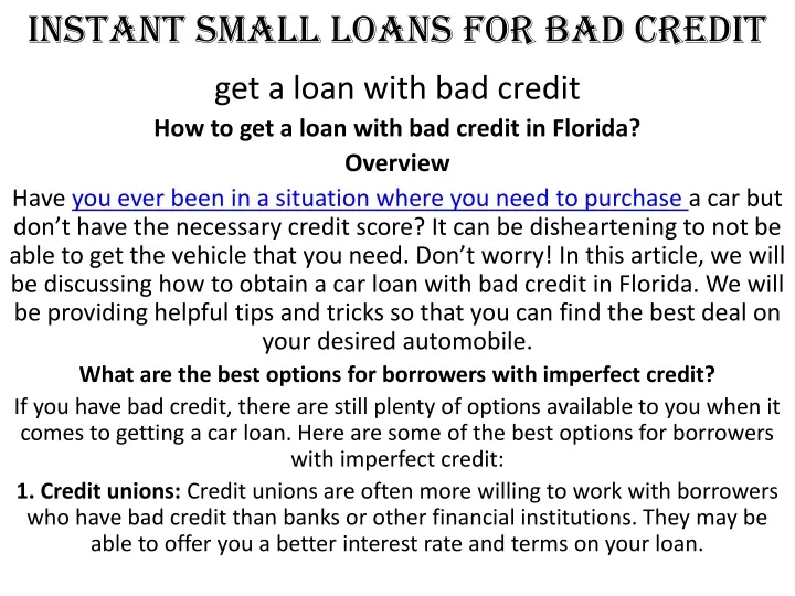 instant small loans for bad credit