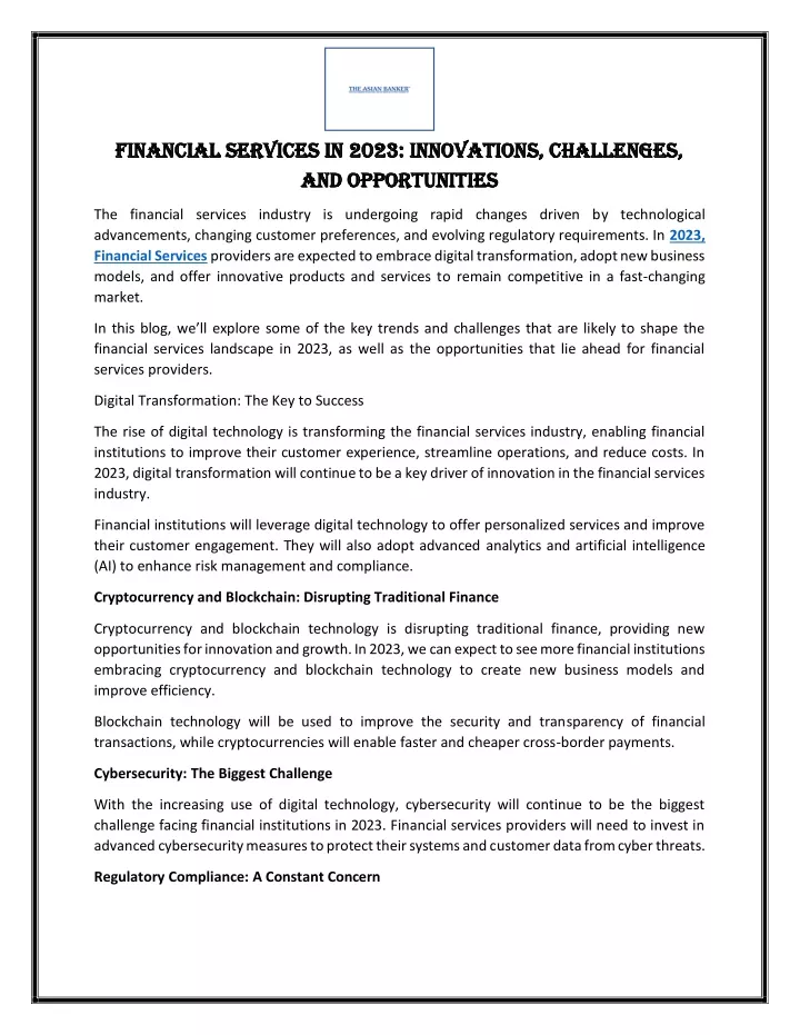 financial services in 2023 innovations challenges