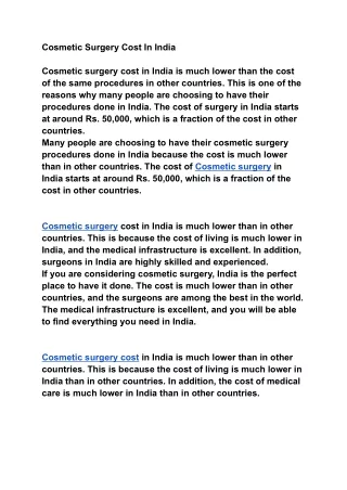 Cosmetic Surgery Cost In India