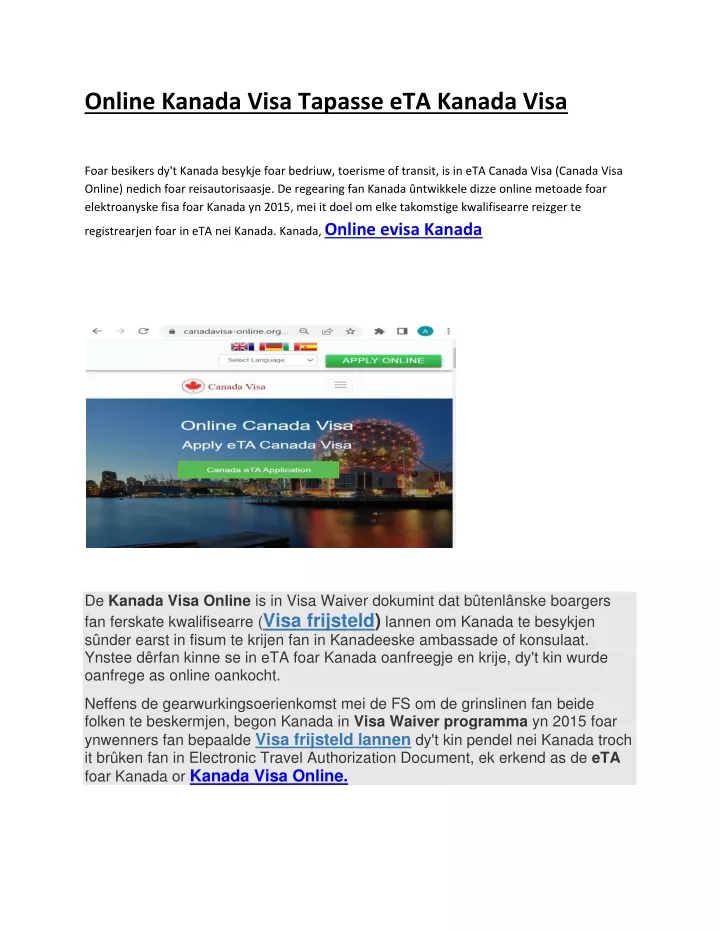 online kanada visa tapasse eta kanada visa