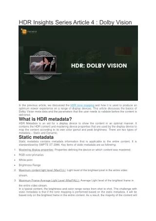 HDR Insights Series Article 4 : Dolby Vision