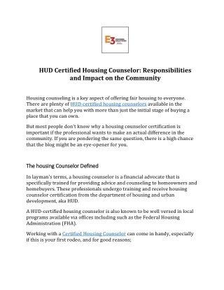 HUD Certified Housing Counselor: Responsibilities and Impact on the Community