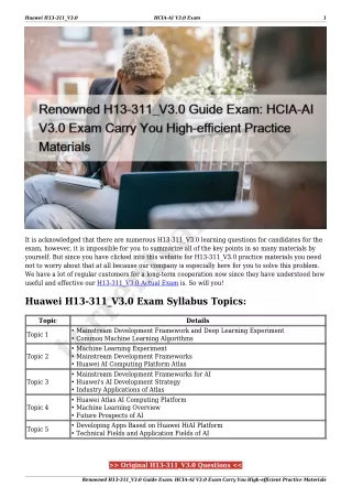 Renowned H13-311_V3.0 Guide Exam: HCIA-AI V3.0 Exam Carry You High-efficient Practice Materials