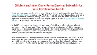 Efficient and Safe: Crane Rental Services in Nashik for Your Construction Needs