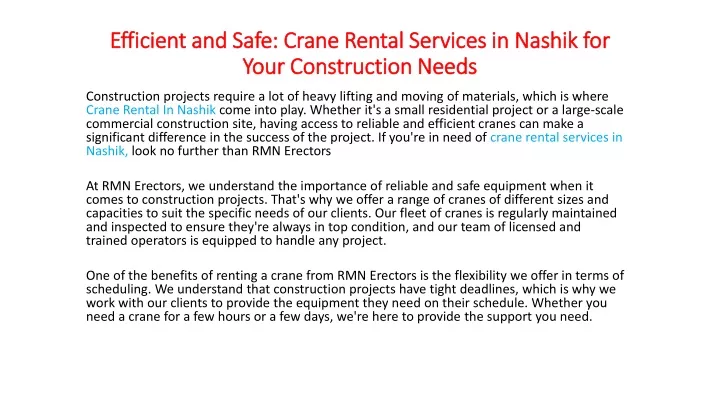 efficient and safe crane rental services in nashik for your construction needs