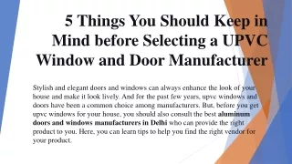 Things You Should Keep in Mind before Selecting a UPVC Window Door  Manufacturer