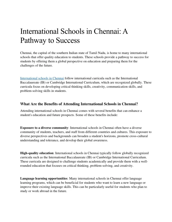 international schools in chennai a pathway